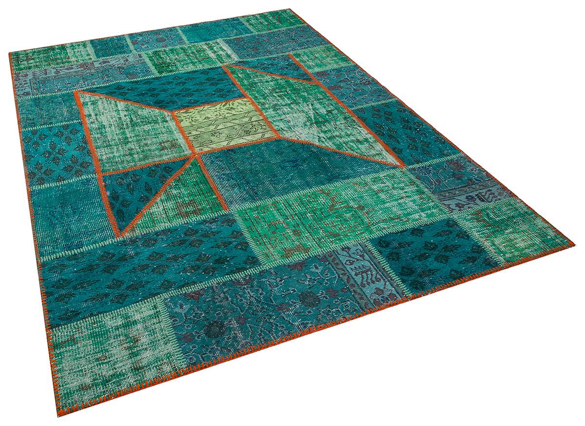 Handmade Wool Turkish Patchwork Rug: Vintage Green Area Rug (6x8)