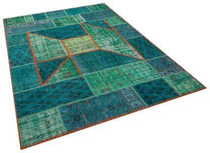 Handmade Wool Turkish Patchwork Rug: Vintage Green Area Rug (6x8)