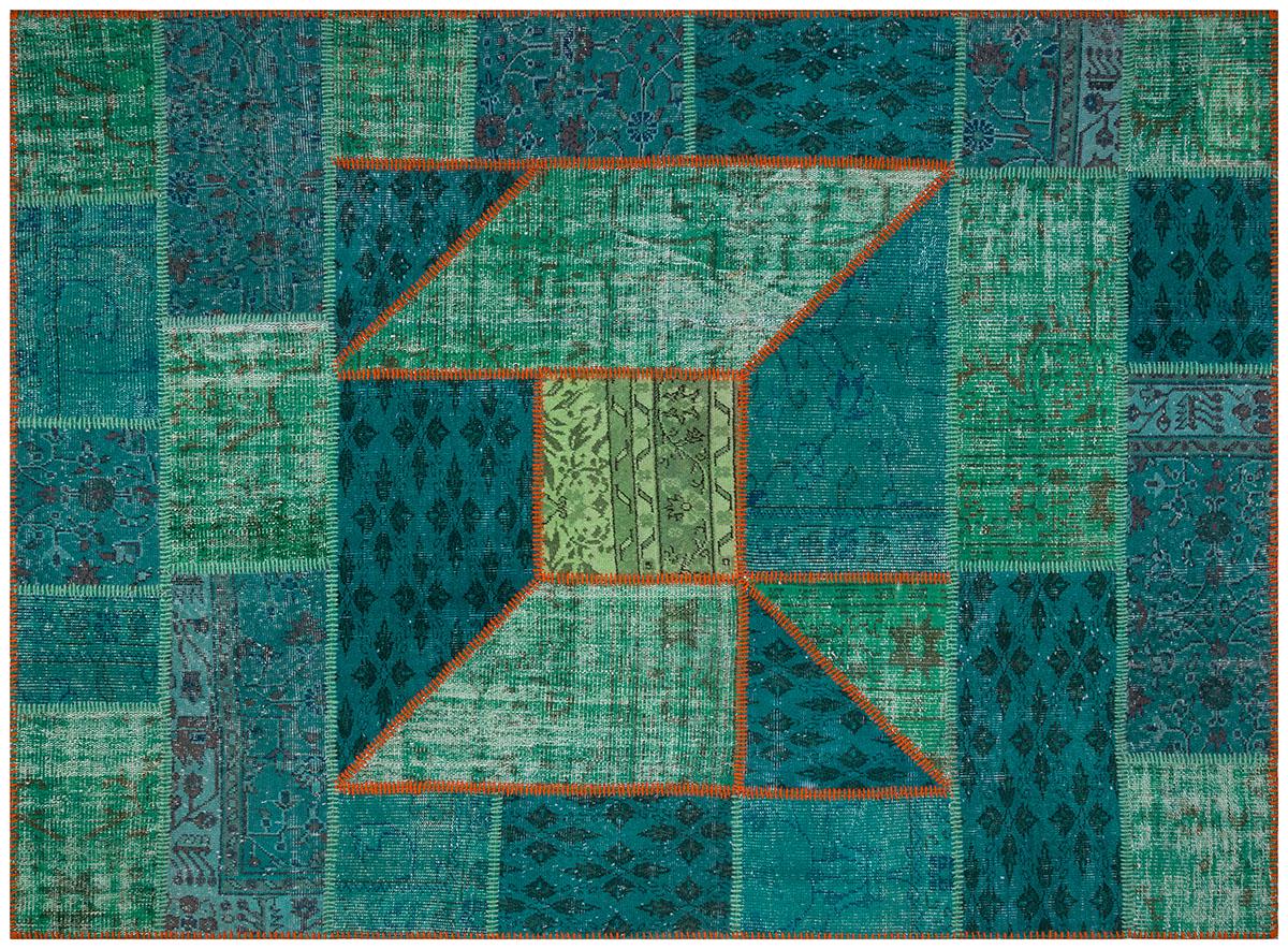 Handmade Wool Turkish Patchwork Rug: Vintage Green Area Rug (6x8)