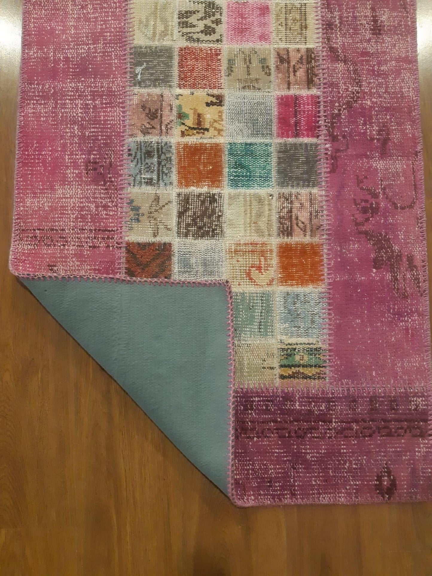 Handmade Wool Turkish Patchwork Rug: Pink Bohemian Vintage Area Rug