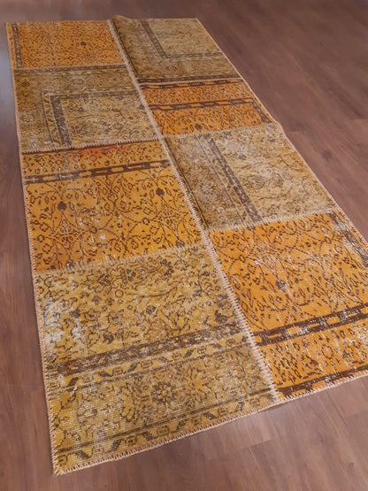 3.8x7.6, Handmade Wool Turkish Patchwork Rug – Vintage, Bohemian, One-of-a-Kind Area Rug
