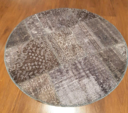 Handmade Wool Turkish Rug: 3.7 ft Round Patchwork Bohemian Area Rug