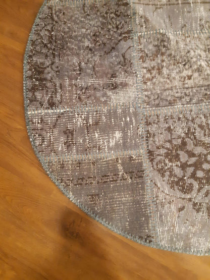 Handmade Wool Turkish Rug: 3.7 ft Round Patchwork Bohemian Area Rug