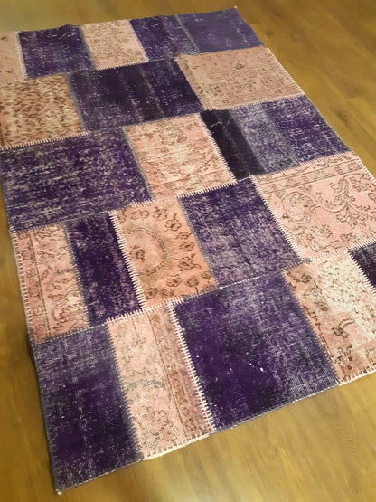 Handmade Purple Patchwork Wool Rug: Bohemian Turkish Rug (4.5'x6.6' ft)