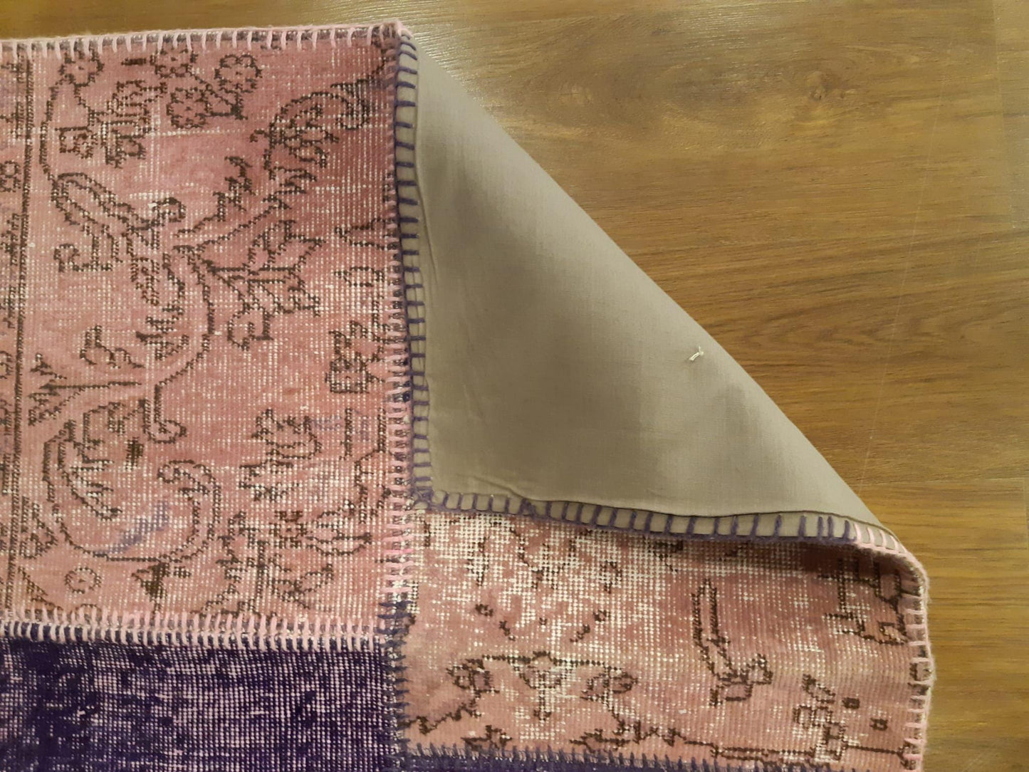 Handmade Purple Patchwork Wool Rug: Bohemian Turkish Rug (4.5'x6.6' ft)
