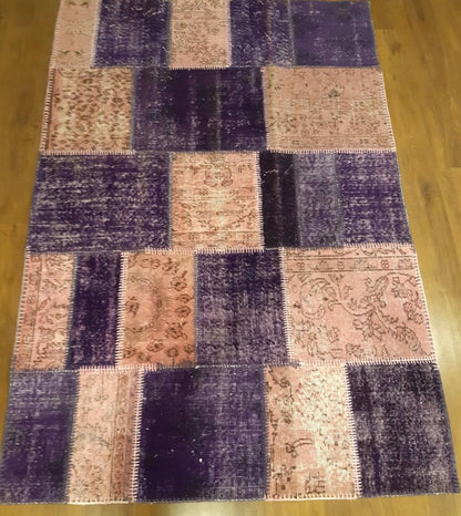 Handmade Purple Patchwork Wool Rug: Bohemian Turkish Rug (4.5'x6.6' ft)