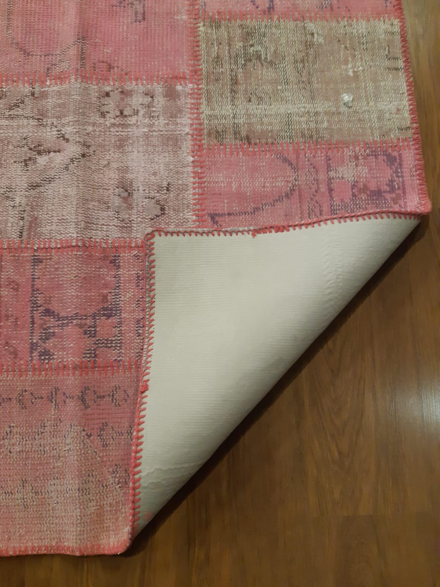 Pink Patchwork Rug: 4x6 ft, Handmade Wool Bohemian Area Rug