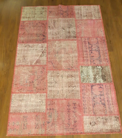 Handmade Pink Patchwork Rug: Bohemian Wool Area Rug (4x6 ft)
