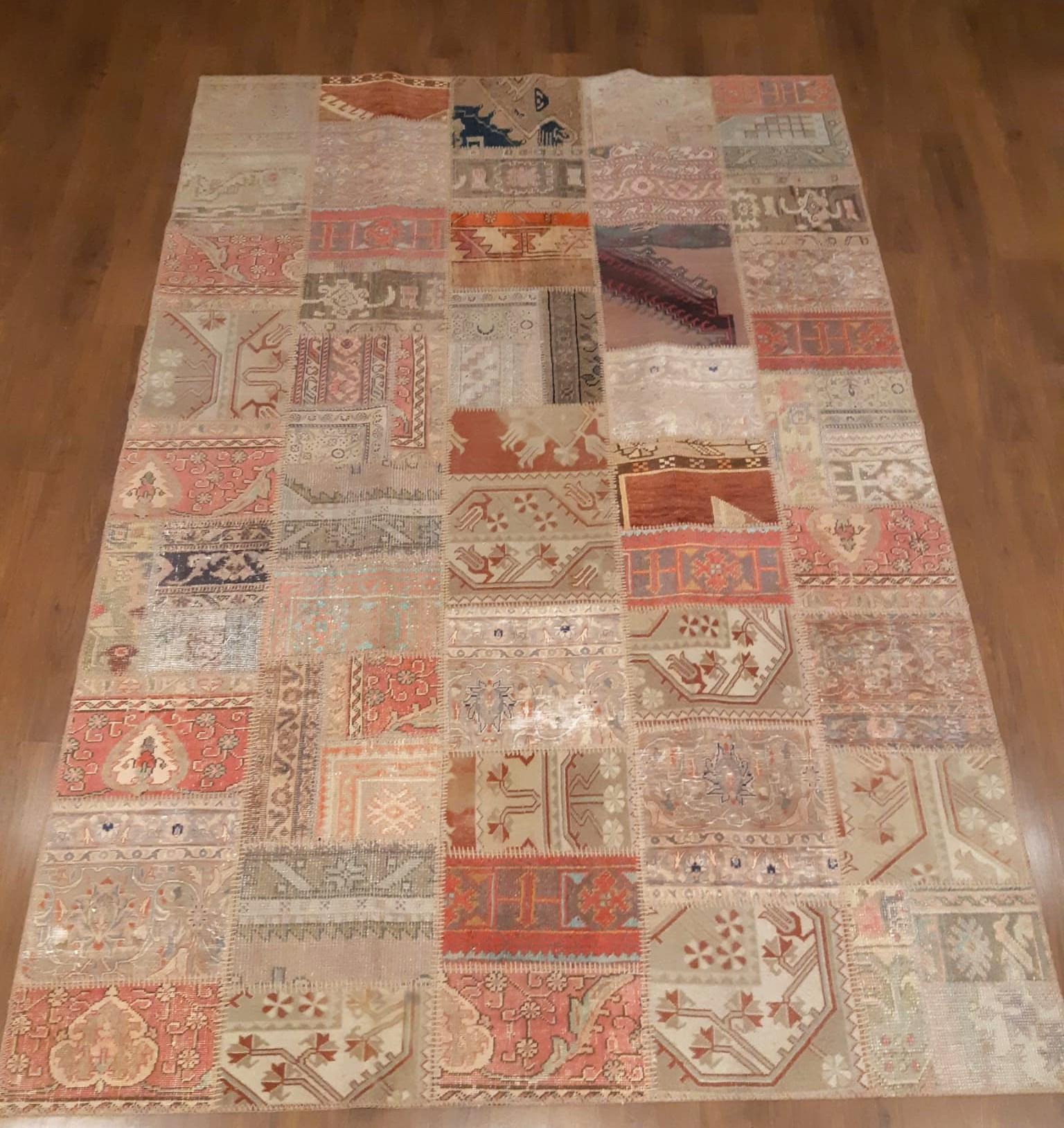 6.6x9.8, Handmade Wool Turkish Patchwork Rug – Vintage, Bohemian, One-of-a-Kind Area Rug