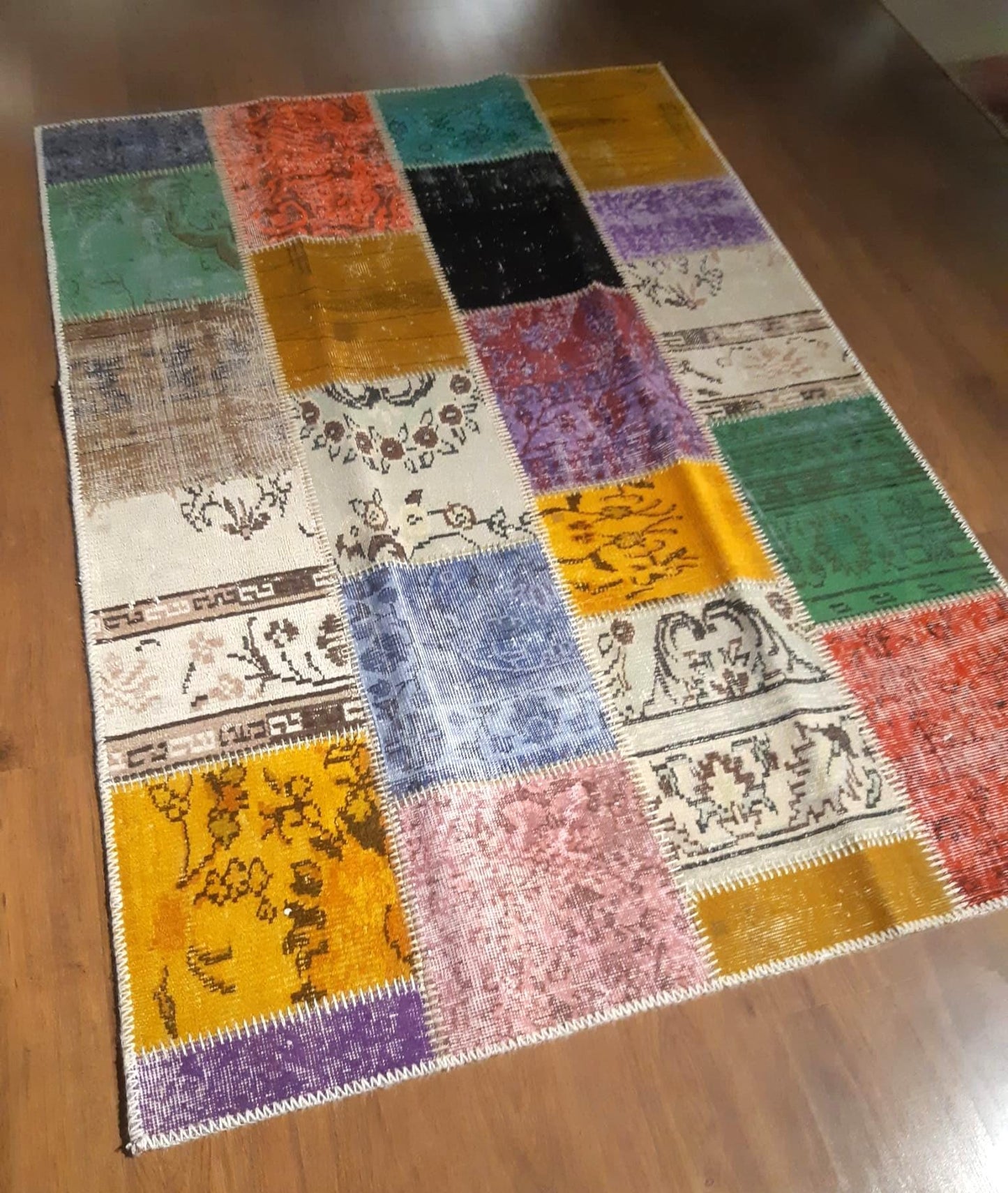 4.6x6.6, Handmade Wool Turkish Patchwork Rug – Vintage, Bohemian, One-of-a-Kind Area Rug