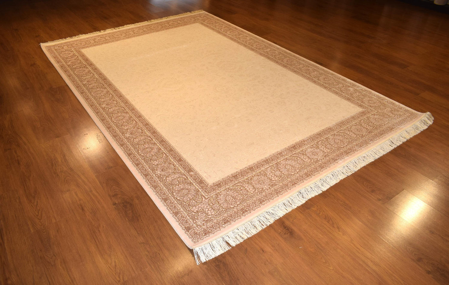 7x10 ft, Beige Classic border Rug: Beige Bamboo yarn carpet with fine fringes