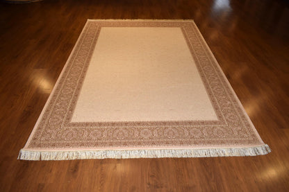 7x10 ft, Beige Classic border Rug: Beige Bamboo yarn carpet with fine fringes