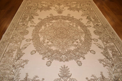 7x10 ft, Classic beige medallion Bamboo Rug with fine Fringes