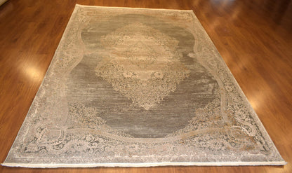 7x10 ft, Distressed Gray Rug: Viscose yarn, Medallion design carpet with Fringes