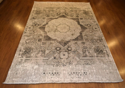 7x10 ft, Gray Classic Mamluk Rug made with Bamboo yarn with Fringes
