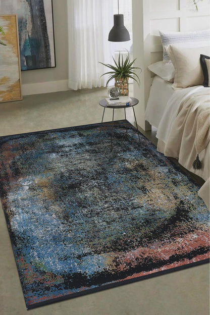 7x10 ft, Contemporary Bamboo Rug: Black Distressed Abstract carpet