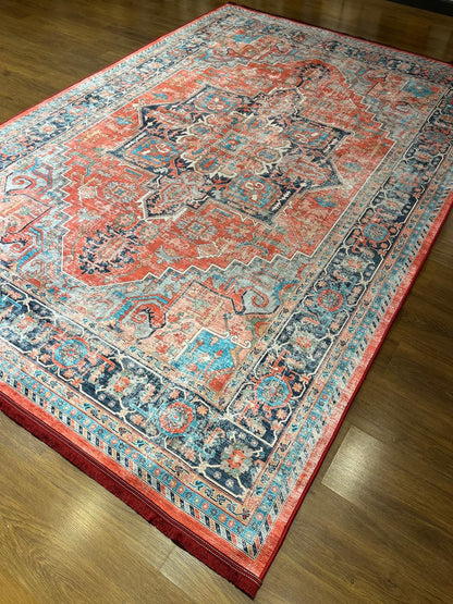 Red Vintage Oriental Rug: Classic Washable Rug with Tassels