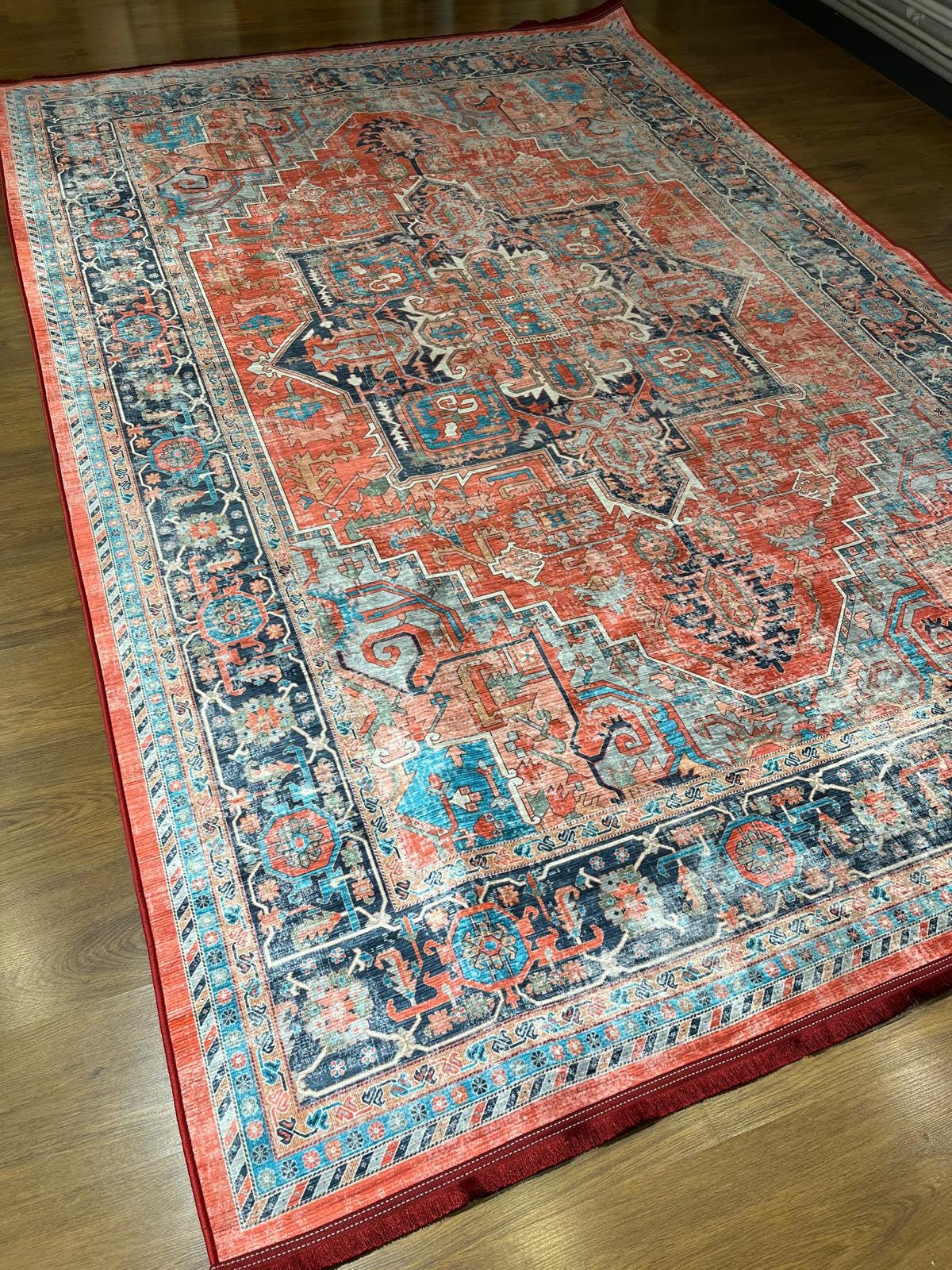 Red Vintage Oriental Rug: Classic Washable Rug with Tassels