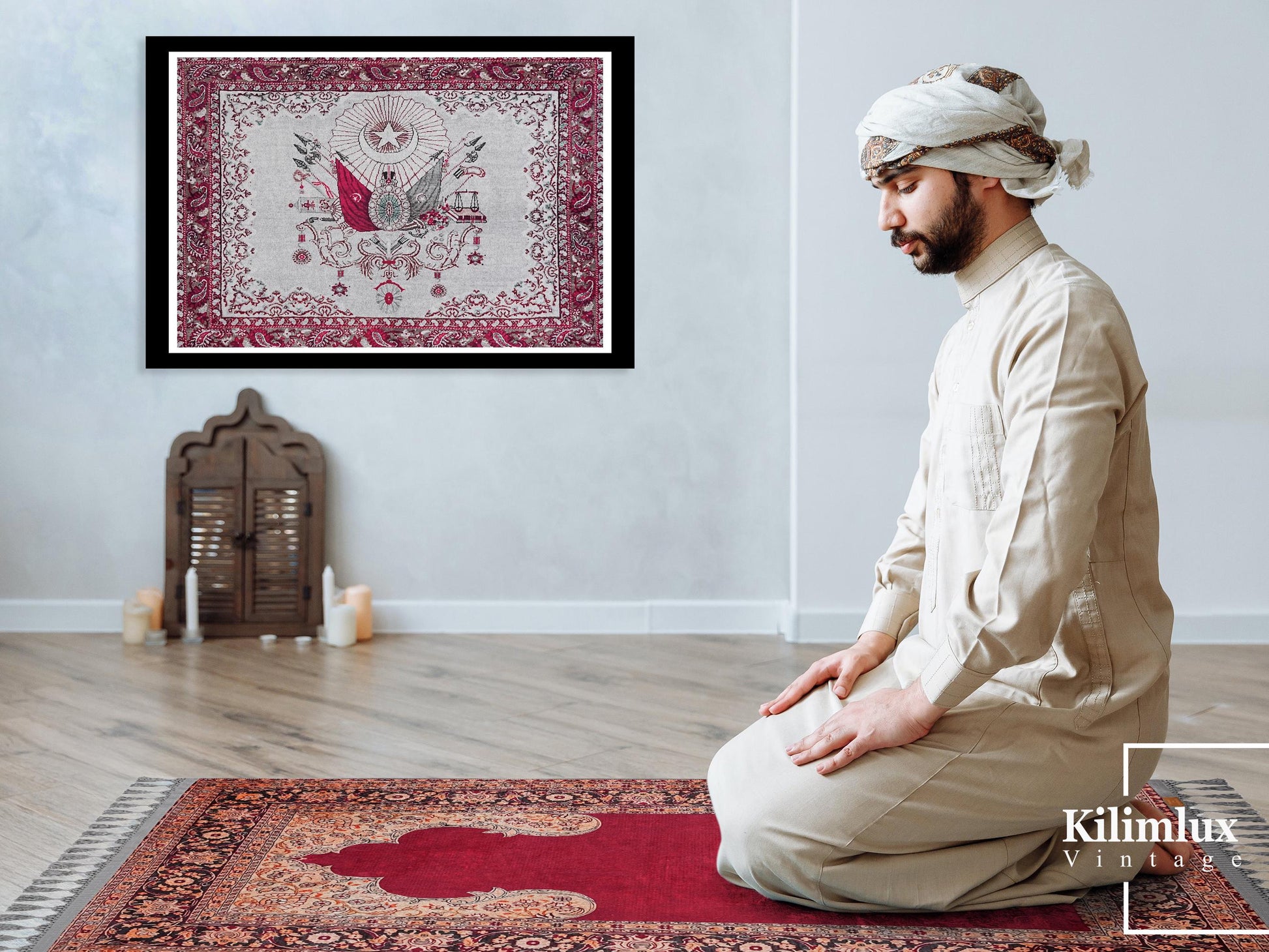 Turkish Prayer Rug, Soft Muslim Prayer Mat, Traditional Ottoman Design