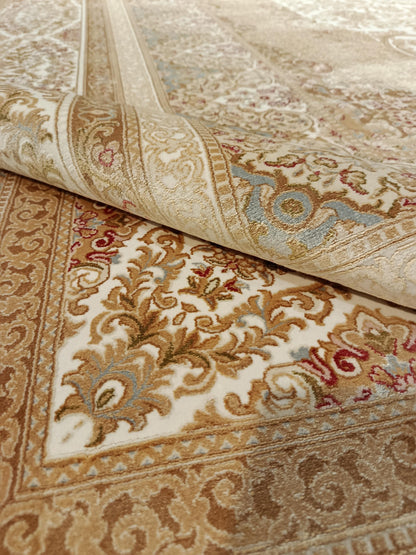 9x21 ft, Large Classic Beige Silk Rug - Distressed Medallion Design Carpet