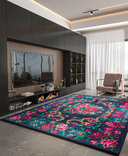 Black Vintage Karabagh Rug: Washable Floral Carpet with Tassels