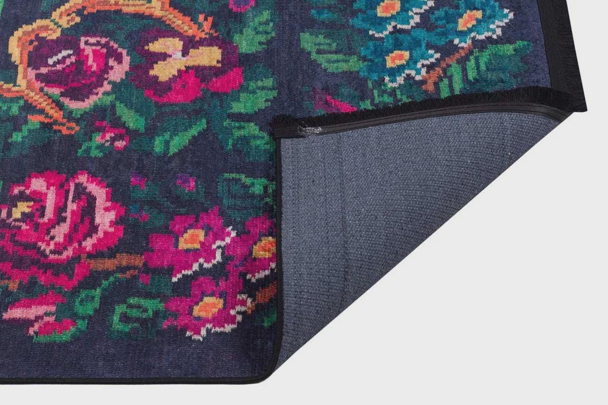 Black Vintage Karabagh Rug: Washable Floral Carpet with Tassels