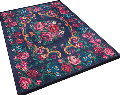 Black Vintage Karabagh Rug: Washable Floral Carpet with Tassels