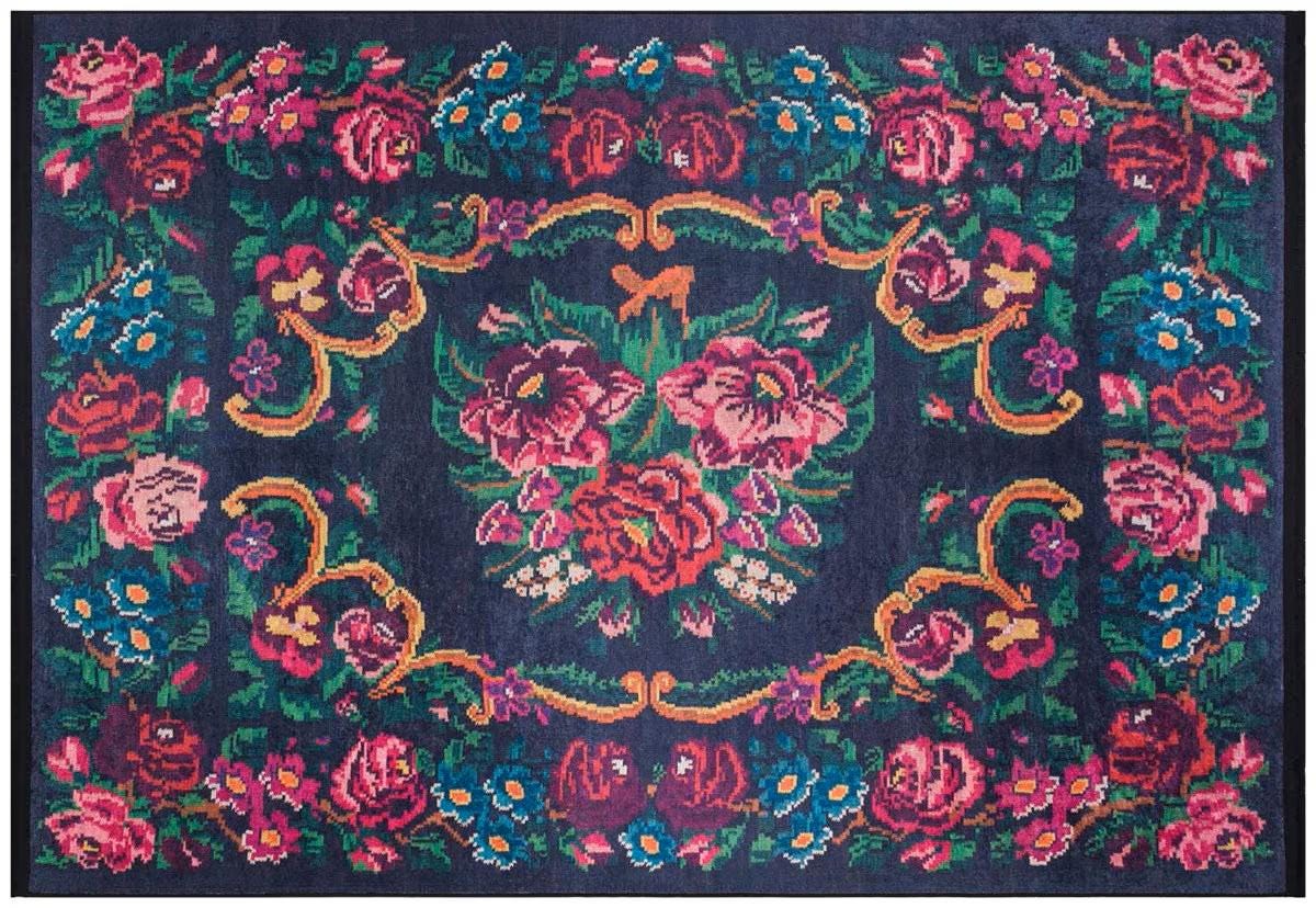 Black Vintage Karabagh Rug: Washable Floral Carpet with Tassels