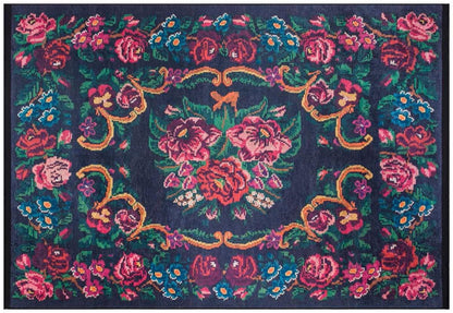 Black Vintage Karabagh Rug: Washable Floral Carpet with Tassels