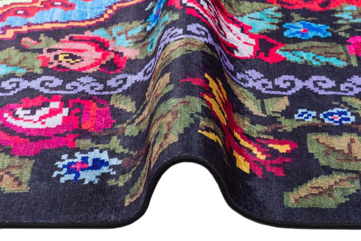 Black Karabagh Vintage Rug: Washable Floral Carpet with Tassels