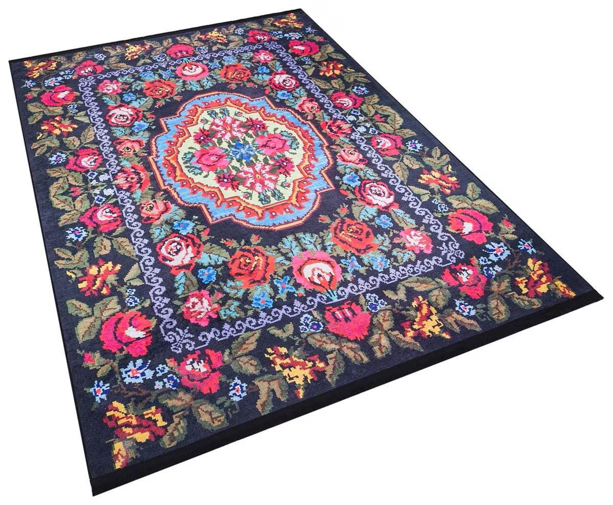 Black Karabagh Vintage Rug: Washable Floral Carpet with Tassels