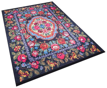 Black Karabagh Vintage Rug: Washable Floral Carpet with Tassels