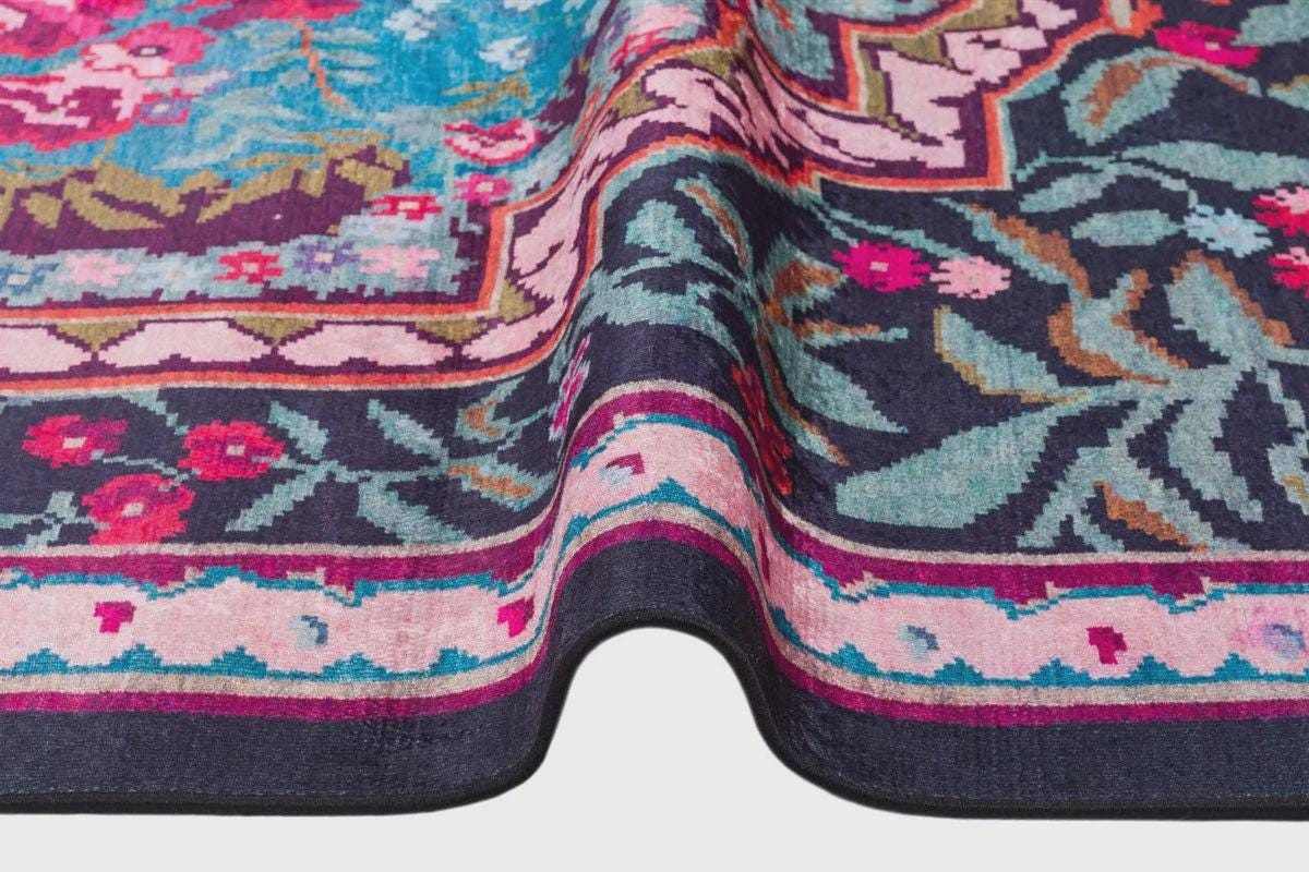 Vintage Blue Karabagh Rug: Black Floral Carpet with Tassels