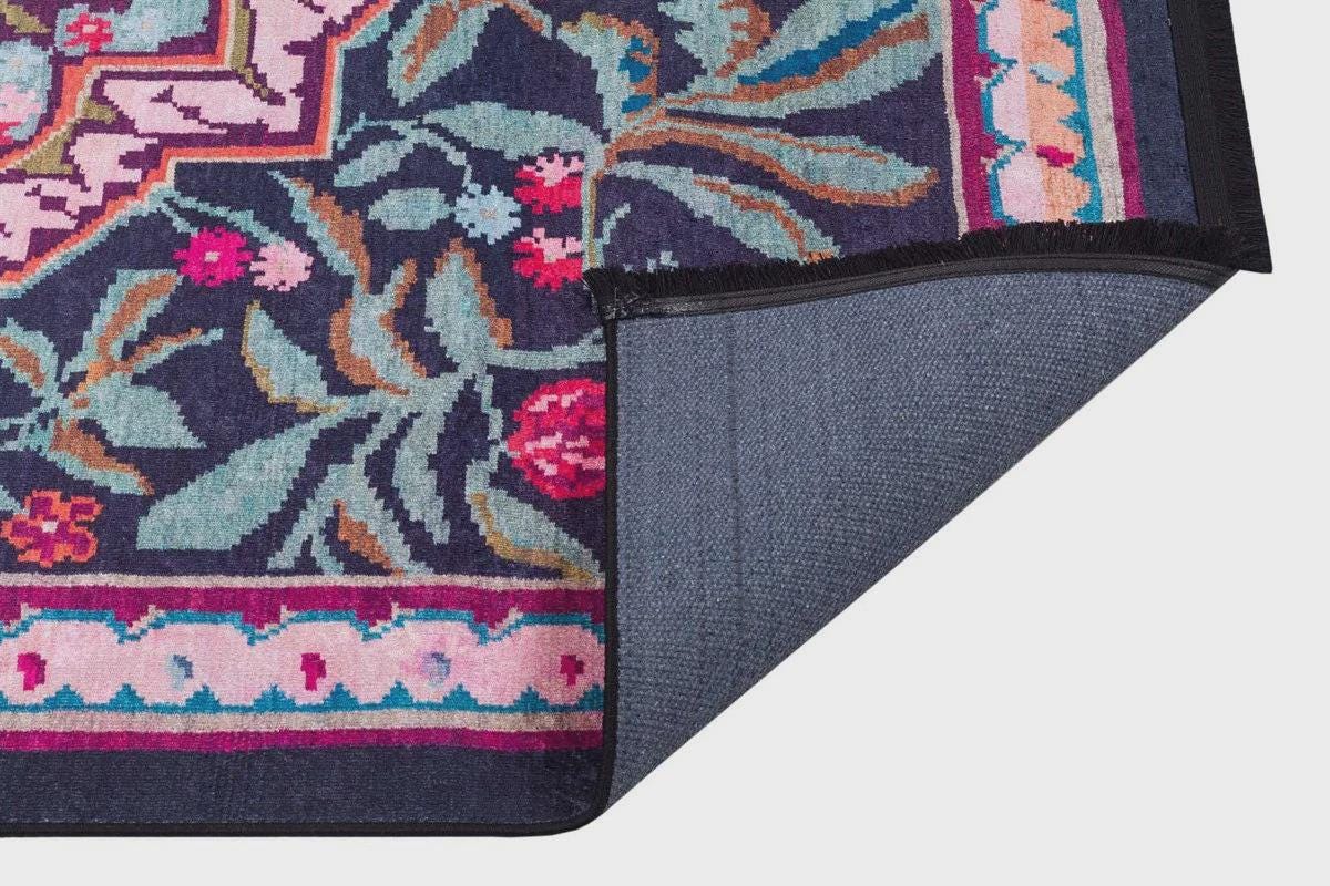 Vintage Blue Karabagh Rug: Black Floral Carpet with Tassels