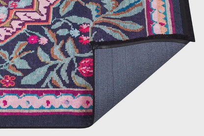 Vintage Blue Karabagh Rug: Black Floral Carpet with Tassels