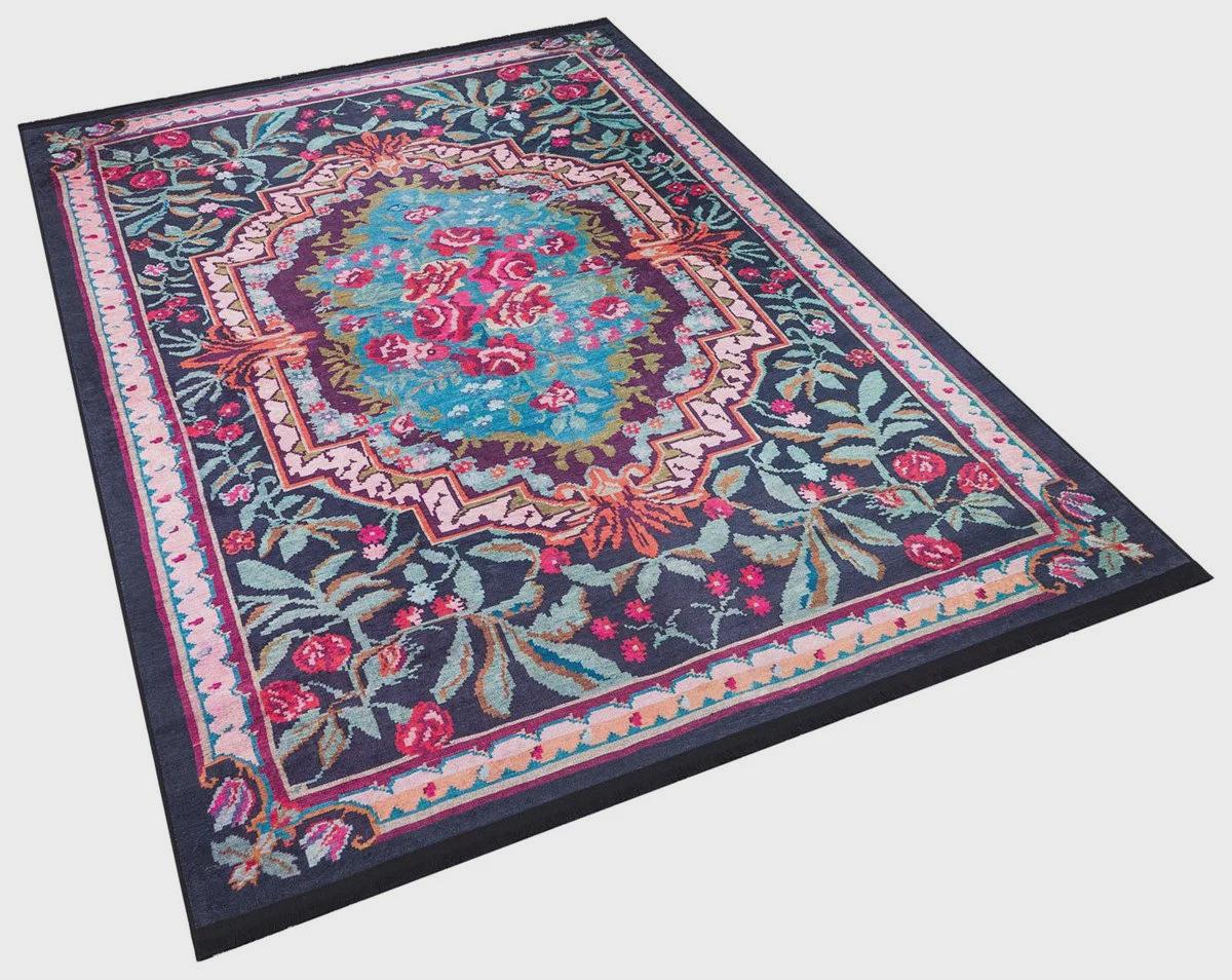 Vintage Blue Karabagh Rug: Black Floral Carpet with Tassels