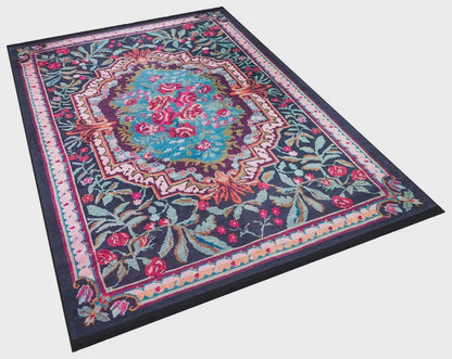 Vintage Blue Karabagh Rug: Black Floral Carpet with Tassels