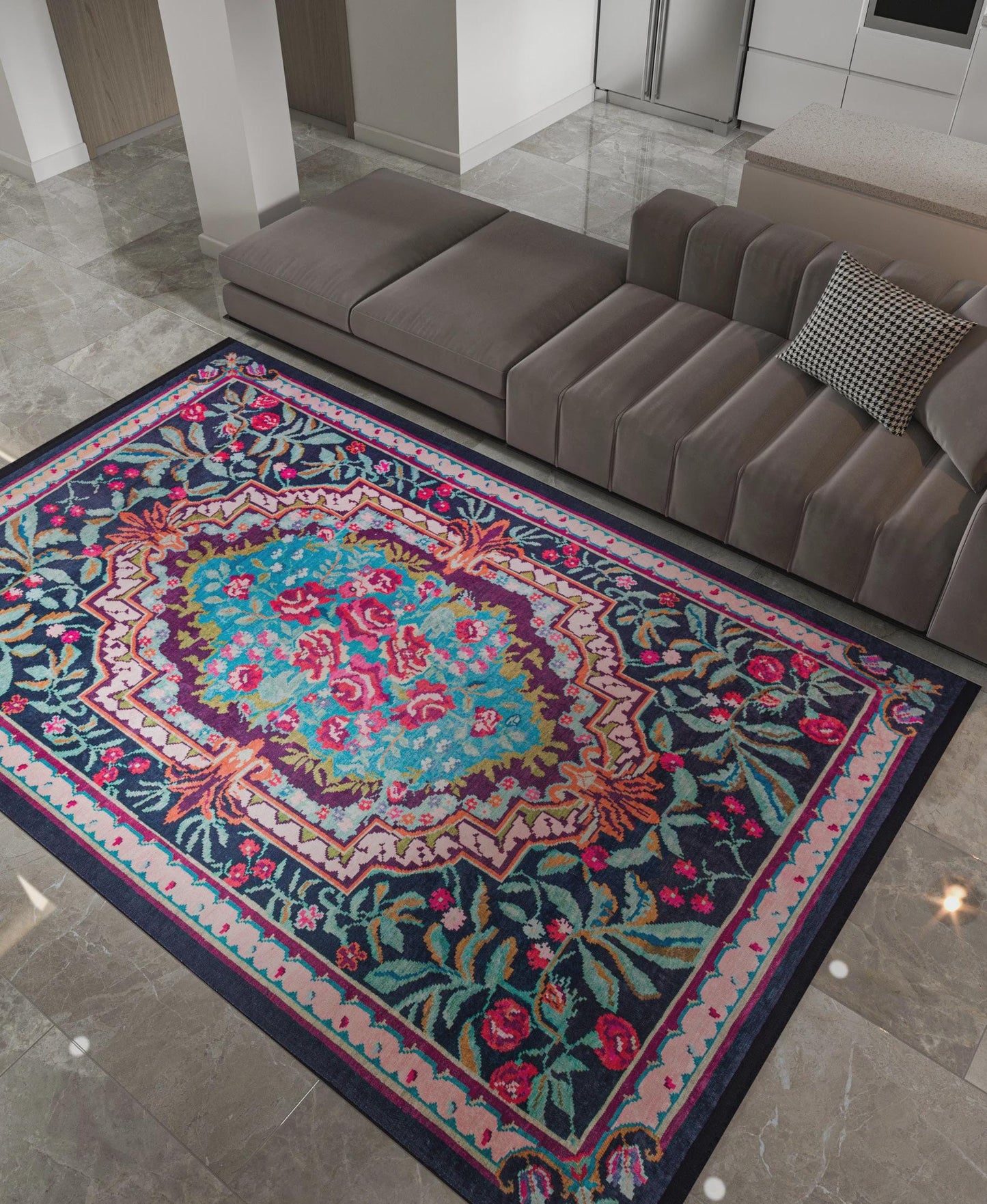 Vintage Blue Karabagh Rug: Black Floral Carpet with Tassels