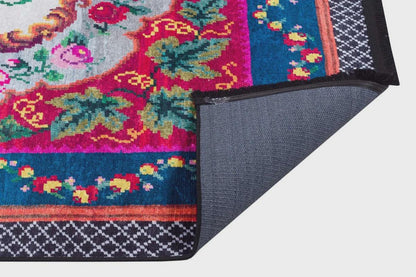 Blue Vintage Karabagh Rug: Washable Floral Carpet with Tassels