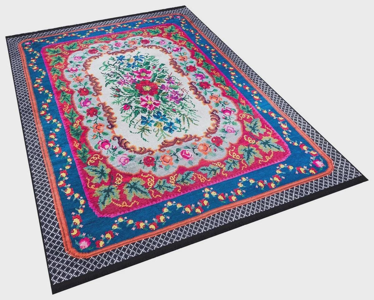 Blue Vintage Karabagh Rug: Washable Floral Carpet with Tassels
