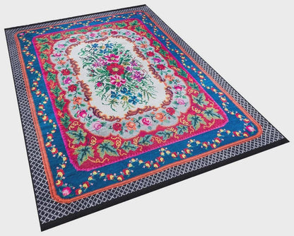 Blue Vintage Karabagh Rug: Washable Floral Carpet with Tassels