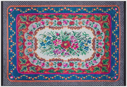 Blue Vintage Karabagh Rug: Washable Floral Carpet with Tassels