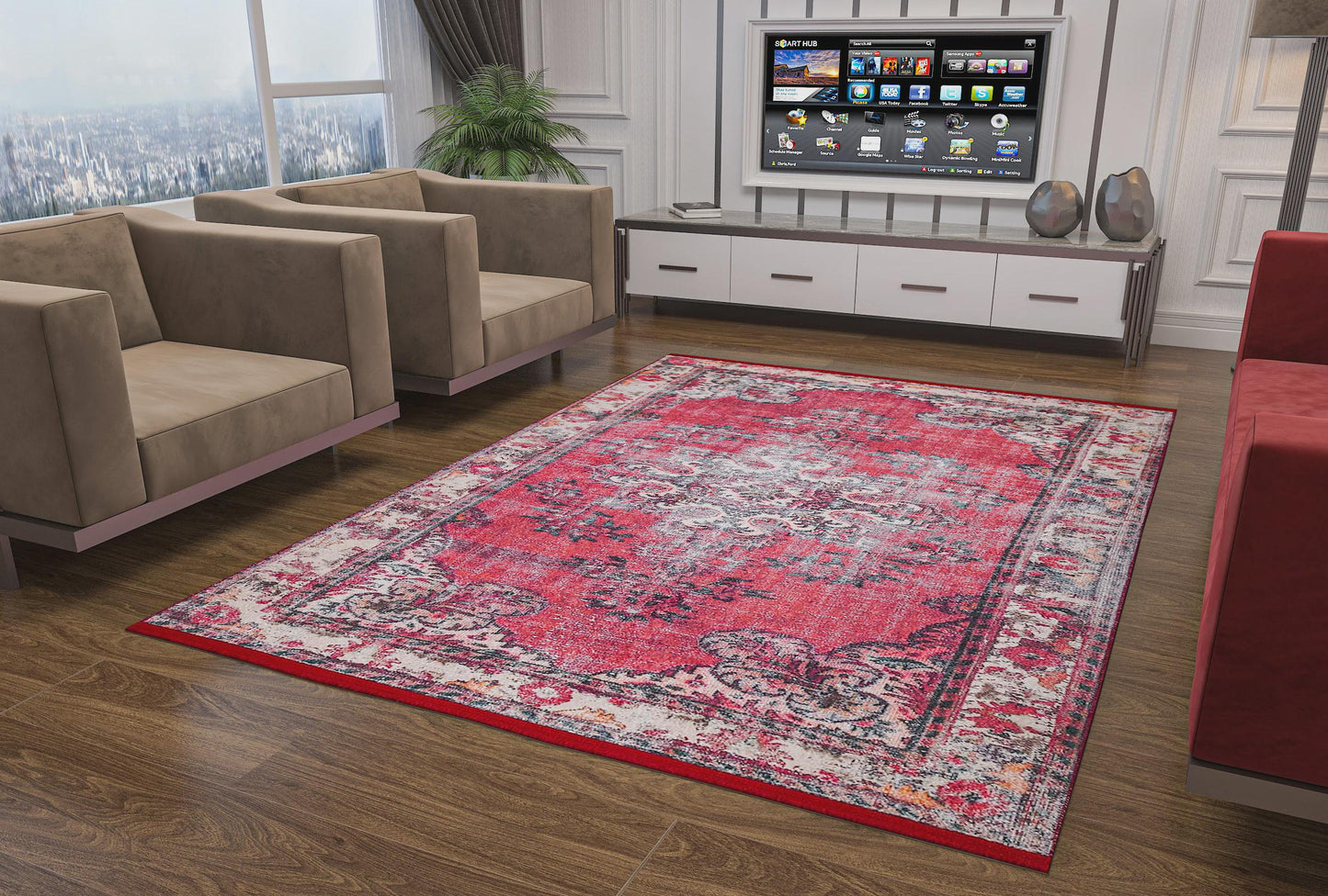 Red Vintage oriental Rug: Classic Washable Rug with Tassels