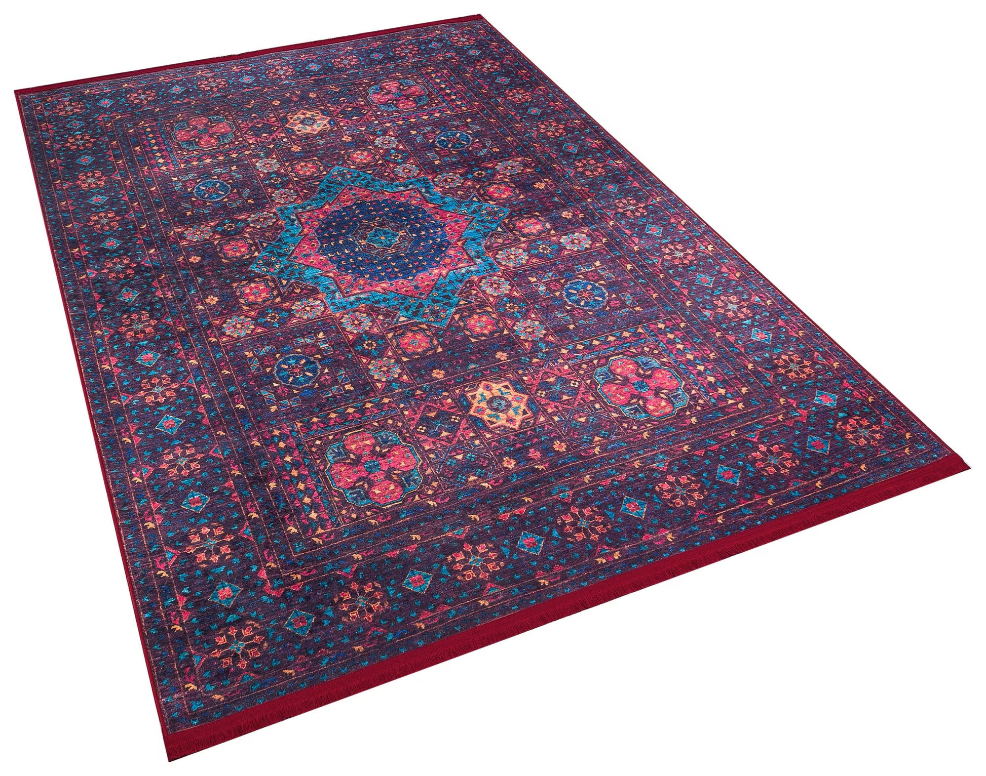 Vintage Red Oriental Mamluk Rug: Washable Red Area Carpet with Tassels
