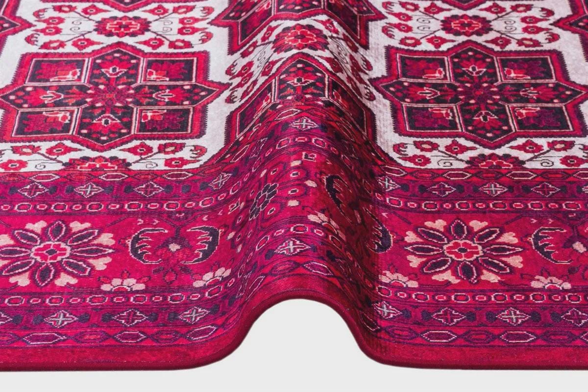 Vintage Red Oriental Afghan Rug: Washable Living Room Carpet with Tassels