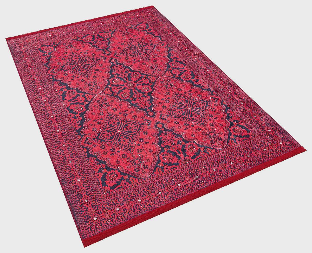 Vintage Red oriental Afghan Rug: Washable Red Carpet with Tassels
