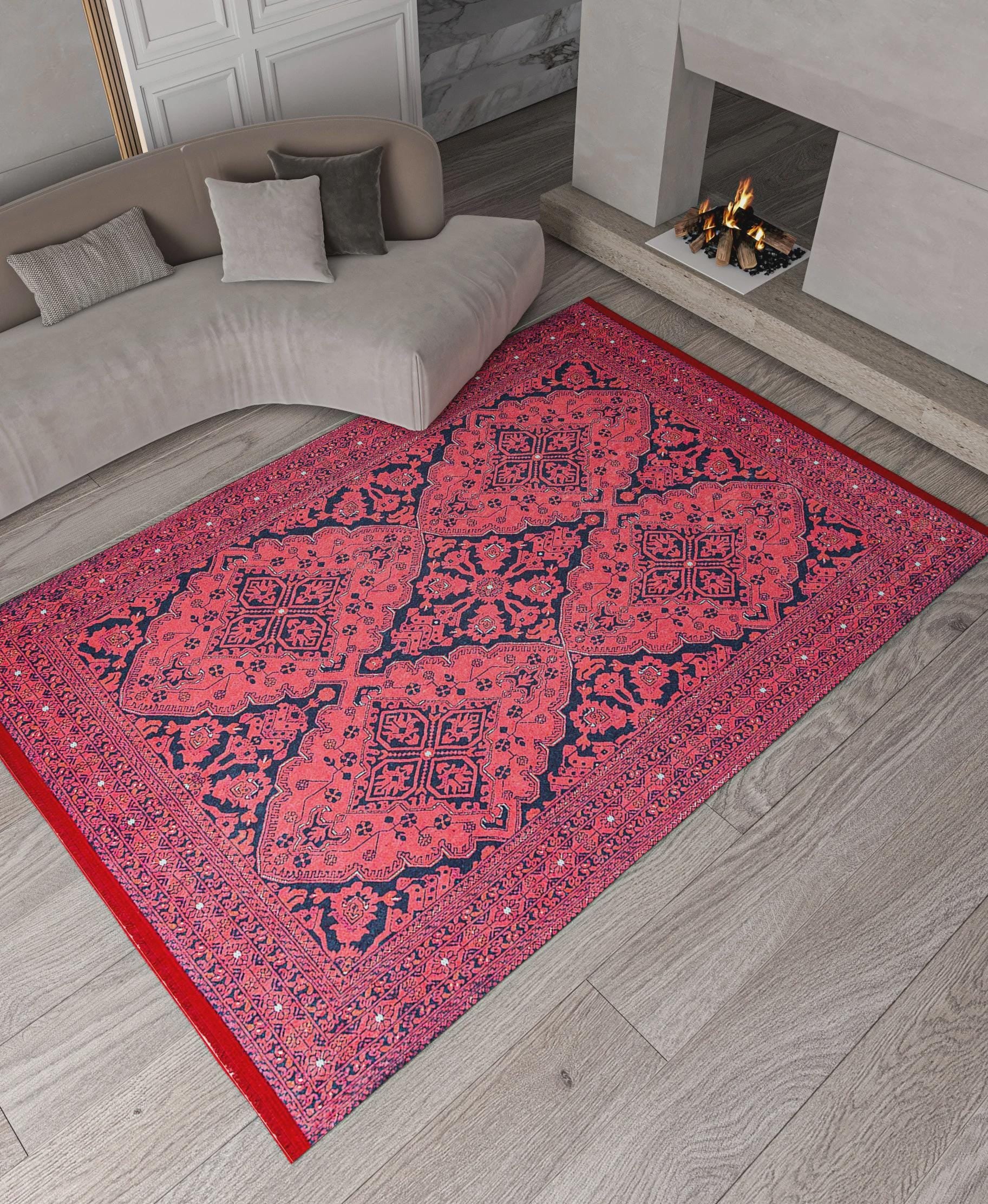 Vintage Red oriental Afghan Rug: Washable Red Carpet with Tassels