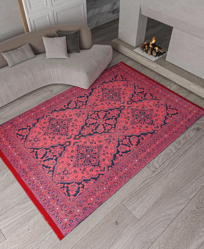 Vintage Red oriental Afghan Rug: Washable Red Carpet with Tassels