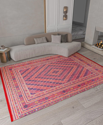 Vintage Red Oriental Afghan Rug: Washable Living Room Carpet