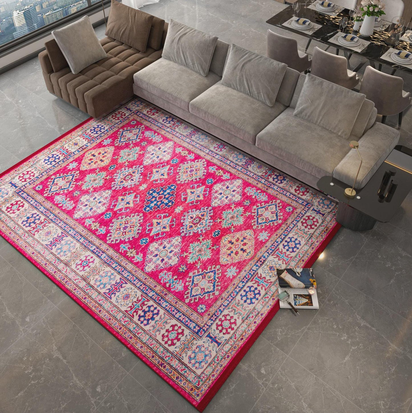 Red Oriental Kazak Rug: Classic Vintage Washable Carpet with Tassels